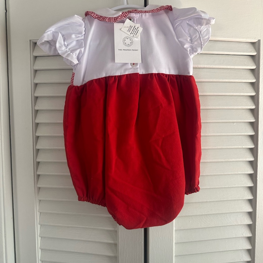 The Proper Peony Red and White Baby Bubble Romper with Bow - Picture 9 of 10